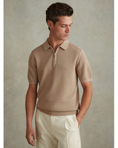 Reiss Burnham Textured Zip Neck Polo Shirt - Brown