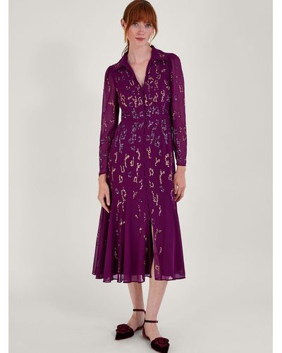 Monsoon Eliza Embellished Shirt Dress - Purple