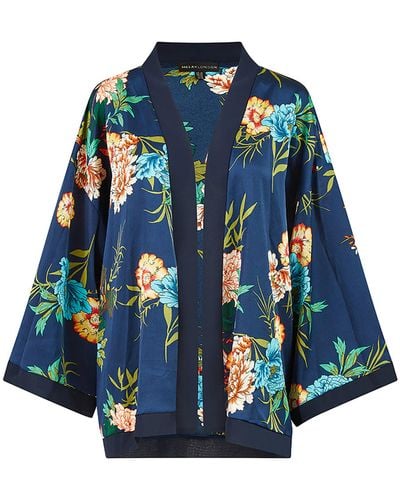 Yumi' London Curve Mela Floral Print Satin Kimono - Blue
