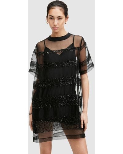 AllSaints Izabela Embellished Mesh Mini Dress - Black