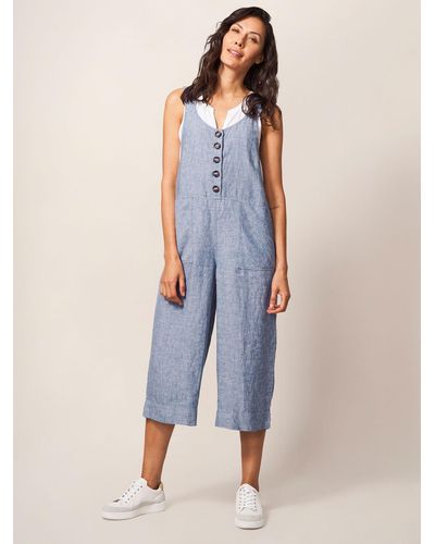 White Stuff Viola Linen Cropped Dungarees - Blue