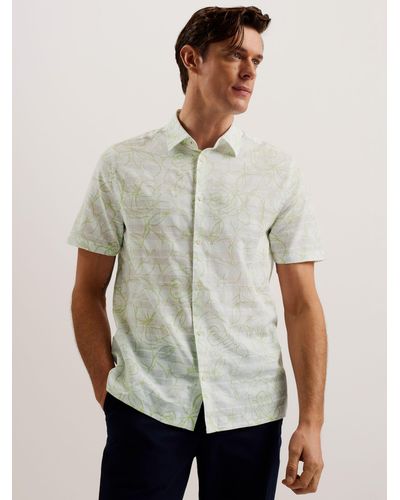 Ted Baker Cavu Floral Outline Short Sleeve Cotton Shirt - Natural
