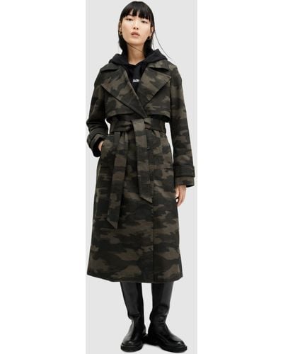 AllSaints Mixie Double Breasted Camouflage Trench Coat - Black