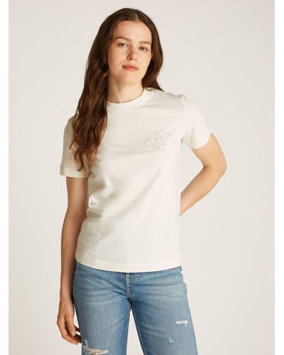 Calvin Klein Satin Applique Regular Fit T-shirt - Natural