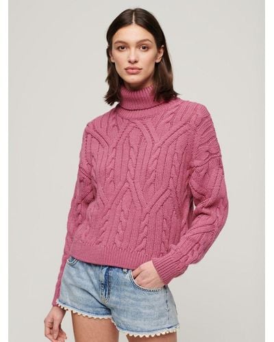 Superdry Twist Cable Knit Polo Jumper - Pink