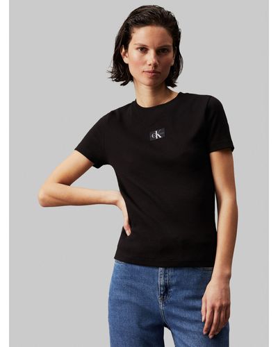 Calvin Klein Woven Logo Ribbed T-shirt - Black