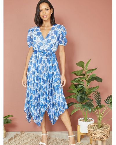 Yumi' Floral Pleat Midi Wrap Dress - Blue