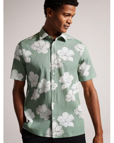 Ted Baker Coving Short Sleeve Seersucker Floral Shirt - Green