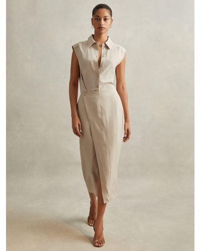 Reiss Yasmin Linen Blend Wrap Front Midi Dress - Natural