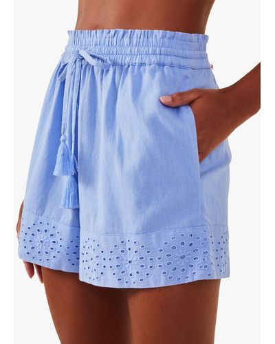Accessorize Broderie Hem Cotton Linen Blend Shorts - Blue