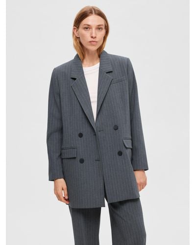 SELECTED Myla Relaxed Double Breast Pin Stripe Blazer - Grey