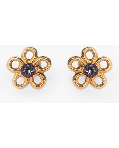 L & T Heirlooms Second Hand 9ct Yellow Gold Amethyst Floral Stud Earrings - Metallic