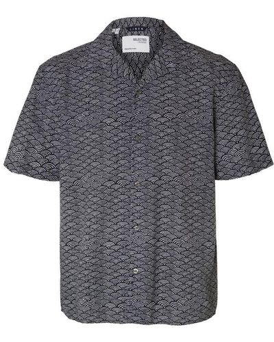 SELECTED Wave Print Linen Cotton Blend Short Sleeve Shirt - Grey