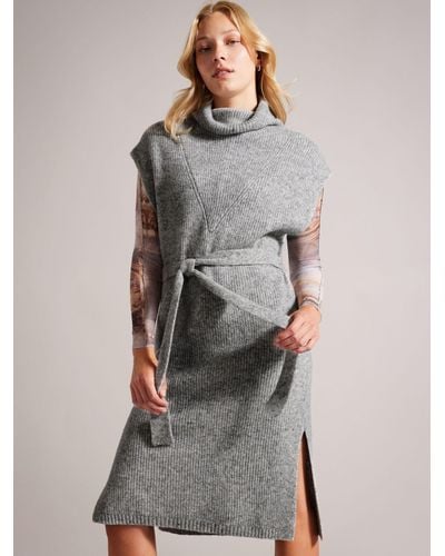Ted Baker Cesell Funnel Neck Rib Knit Midi Dress - Grey