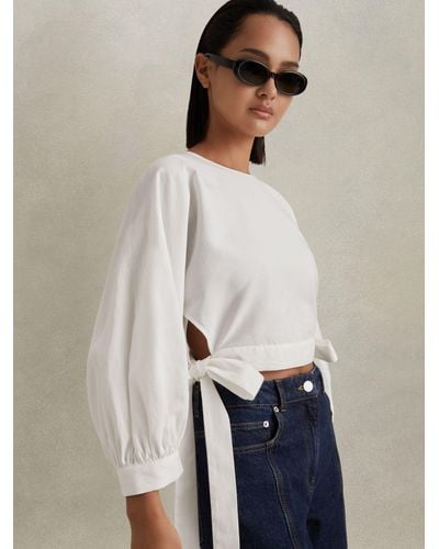 Reiss Immy Cropped Blouson Sleeve Top - White