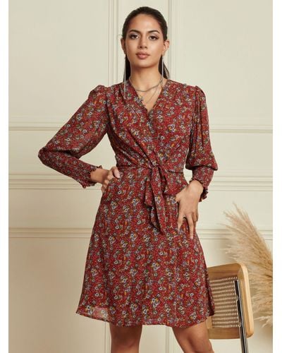 Jolie Moi Shirred Tie Waist Floral Print Mini Dress - Brown