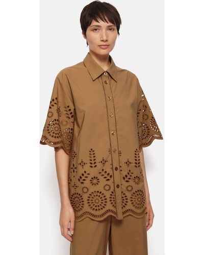 Jigsaw Cotton Broderie Half Sleeve Shirt - Brown