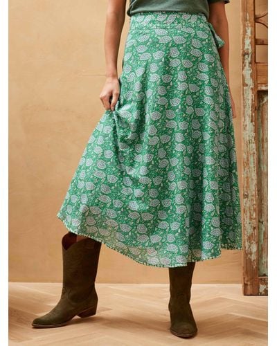 Brora Silk Cotton Blend Fan Print Wrap Midi Skirt - Green