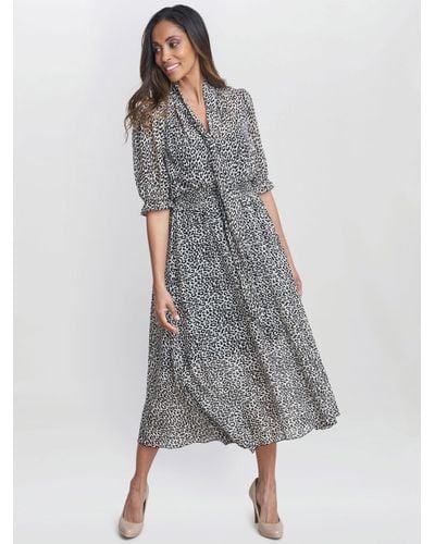 Gina Bacconi Mimi Godet Detail Tie Neck Midi Leopard Print Dress - Grey