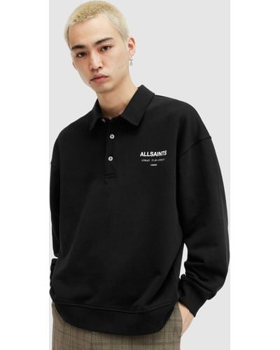 AllSaints Underground Organic Cotton Long Sleeve Polo Shirt - Black