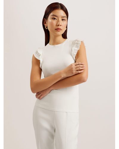 Ted Baker Marhlou Frill Sleeve Ribbed Top - White