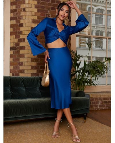 Chi Chi London Satin Midi Skirt - Blue