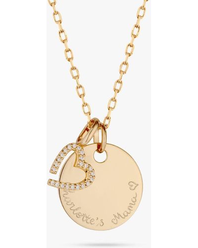 Merci Maman Personalised Disc & Crystal Heart Charm Pendant Necklace - Metallic