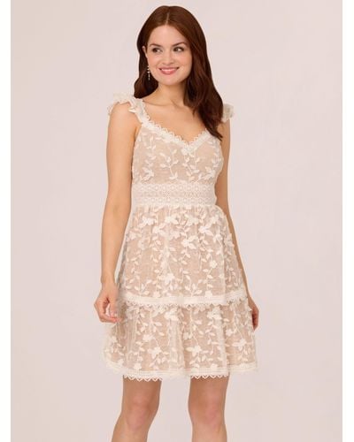 Adrianna Papell Lace Embroidered Flutter Mini Dress - Natural