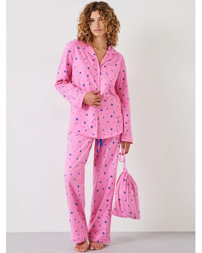 Hush Liv Amber Star Print Flannel Cotton Pyjama Set - Pink