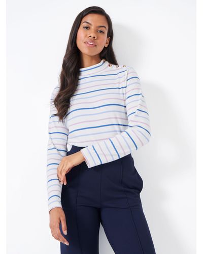 Crew Relaxed Stripey High Button Neck Top - White
