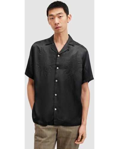 AllSaints Aquila Eagle Embroidered Relaxed Fit Satin Shirt - Black