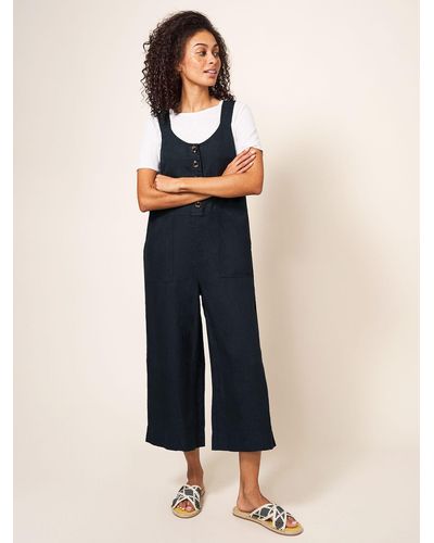 White Stuff Viola Linen Cropped Dungarees - Blue