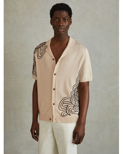 Reiss Romance Jersey Embroidered Cuban Collar Shirt - Natural