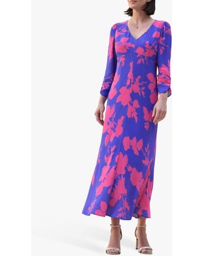 Pure Collection Shirred Sleeve V Neck Floral Midi Dress - Purple