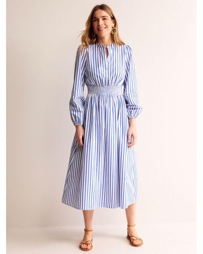 Boden Smocked Waist Striped Midi Shirt Dress - Blue