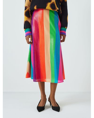 Olivia Rubin Penelope Sequin Rainbow Stripe Midi Skirt - White