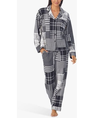 DKNY Stretch Fleece Long Sleeve Notch Collar Patchwork Print Pyjamas - Blue