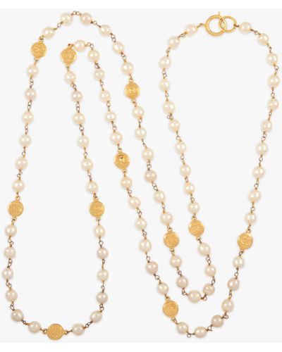 Susan Caplan Vintage Chanel Faux Pearl & Medallion Long Necklace - White