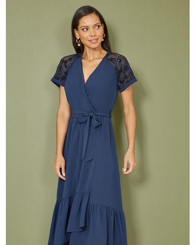 Yumi' Lace Wrap Midi Dress - Blue