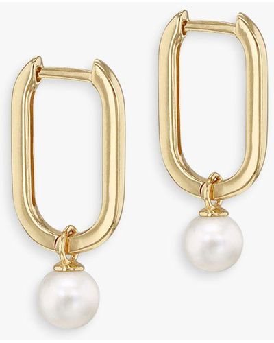 Ib&b 9ct Gold Freshwater Pearl Drop Medium Rectangular Hoop Earrings - White