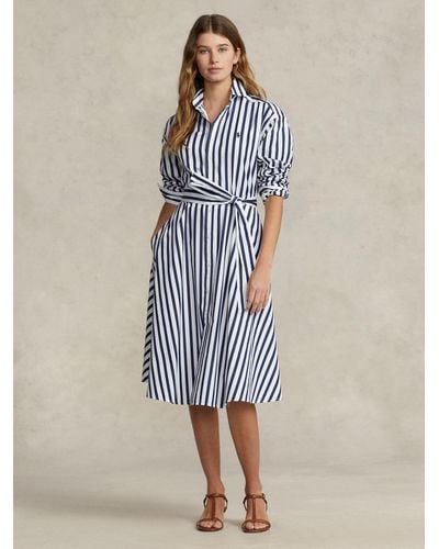 Ralph Lauren Belted Striped Cotton Shirt Dress - Blue