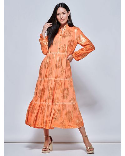 Jolie Moi Floral Tiered Shirt Midi Dress - Orange