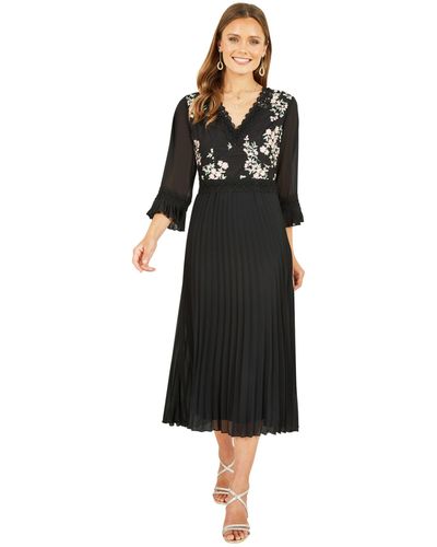 Yumi' Embroidered Panel Midi Dress With Pleats - Black