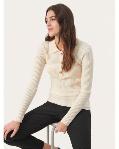Part Two Feride Rib Knit Collared Top - Natural