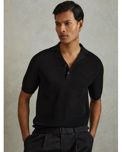 Reiss Charlie Open Stitch Cuban Collar Polo Shirt - Black