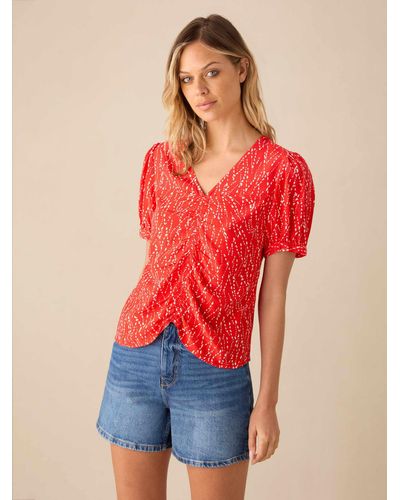 Ro&zo Dash Print Ruched Front Top - Red