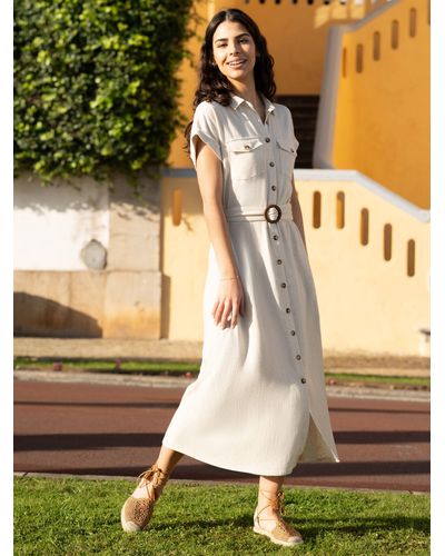 Yumi' Linen Look Midi Shirt Dress - Natural