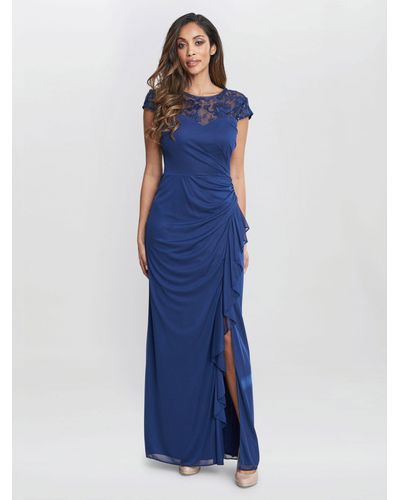Gina Bacconi Cecilia Maxi Dress Embroidered Illusion Neckline - Blue