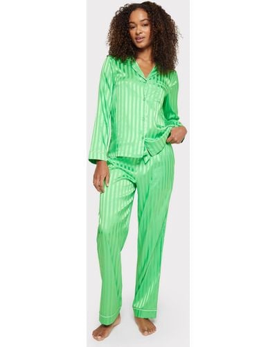 Chelsea Peers Satin Jacquard Stripe Long Pyjama Set - Green