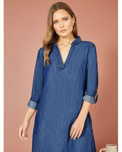 Yumi' Chambray Cotton Relaxed Tunic Dress - Blue